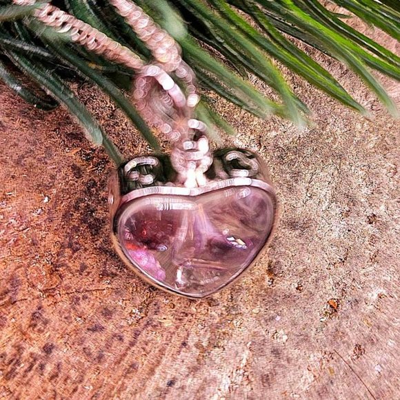 Nature Super Seven Crystals Floating Silver Heart & Leaf Pendant Necklace - Picture 7 of 10